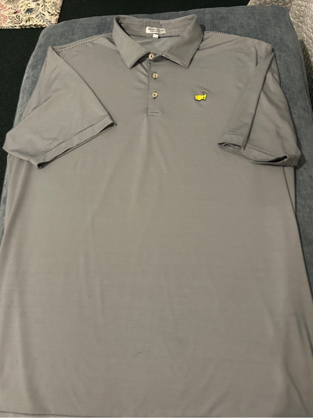 Peter Millar Light Gray Polo with Navy Stripes and Embroidered Master’s Logo